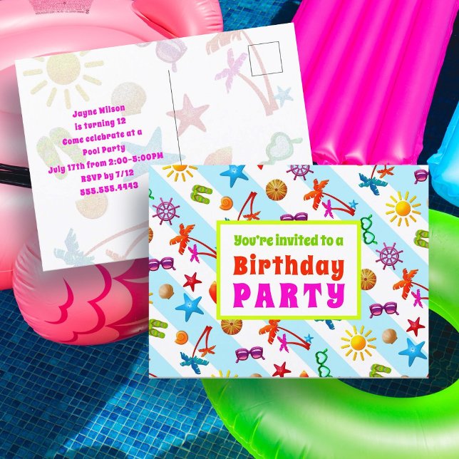 Summer Fun Girl’s Birthday Party Invitation Postcard (Creator Uploaded)