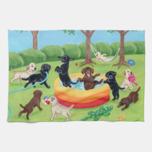 Summer Fun Labradors Painting Tea Towel