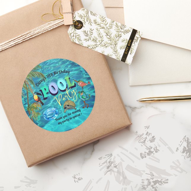 Summer Fun Pool Party Thank you Birthday Classic Round Sticker (Summer Fun Pool Party Thank you Birthday Classic Round Sticker)