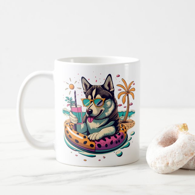 Summer Fun with Cute Cool Husky Dog in Pool Coffee Mug (With Donut)