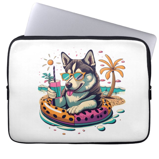 Summer Fun with Cute Cool Husky Dog in Pool Laptop Sleeve (Front)