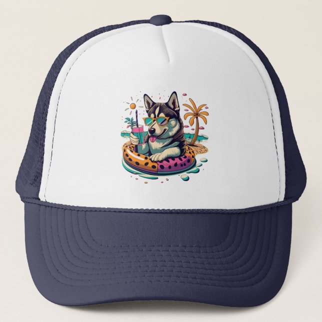 Summer Fun with Cute Cool Husky Dog in Pool Trucker Hat (Front)