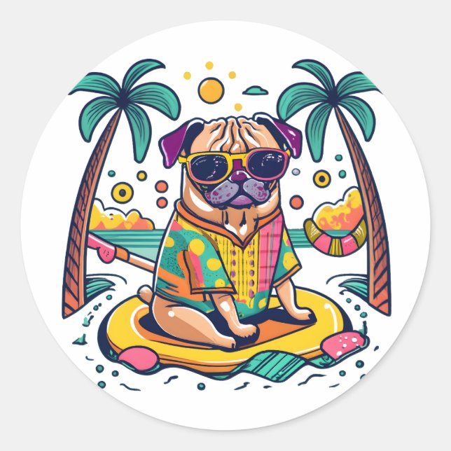Summer Fun with Cute Pug Dog in Pool Classic Round Sticker (Front)