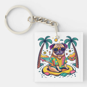 Summer Fun with Cute Pug Dog in Pool Key Ring