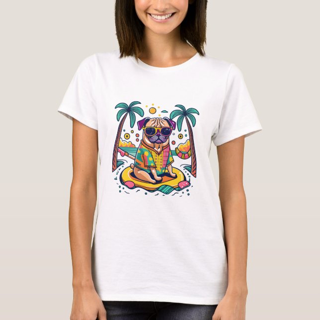 Summer Fun with Cute Pug Dog in Pool T-Shirt (Front)