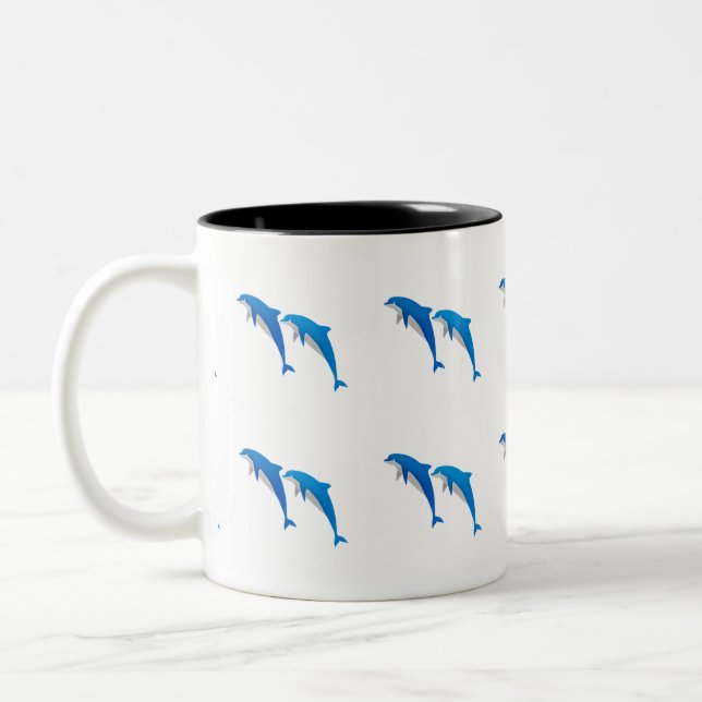 SUMMER, FUNNY GRAY AND BLUE DOLPHINS Two-Tone COFFEE MUG (Left)