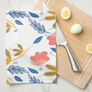 Summer Garden Blue Yellow Coral Florals   Tea Towel