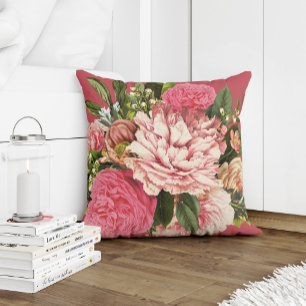Summer garden coral cream and green flowers cushion