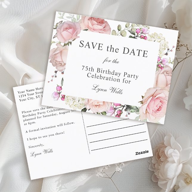 Summer Garden Floral 75th Birthday Save The Date Postcard (Creator Uploaded)