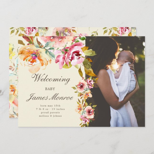 summer garden floral birth announcement Photo card (Front/Back)