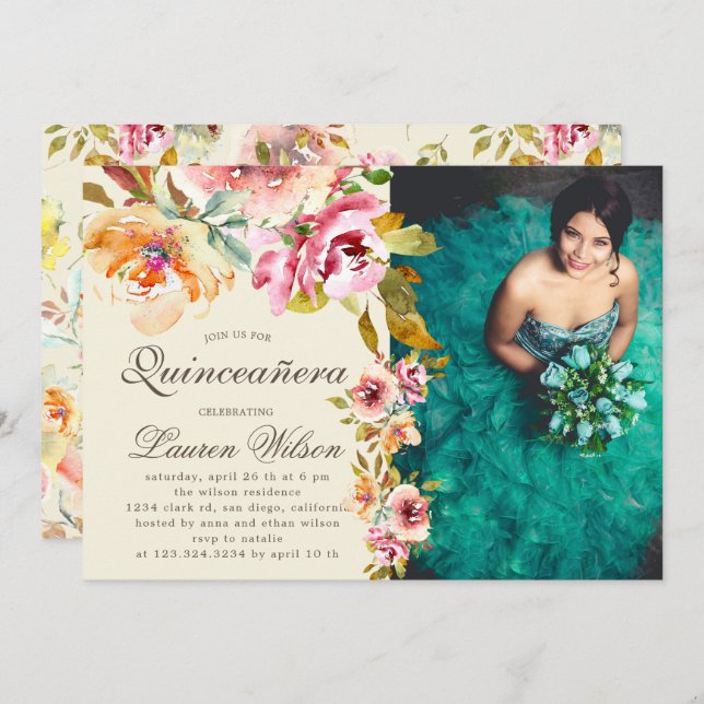 summer garden floral Quinceanera Photo Invitation (Front/Back)