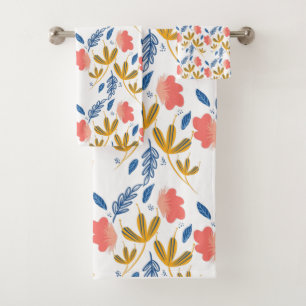 Summer Garden Florals Blue Coral Pink Greenery  Bath Towel Set