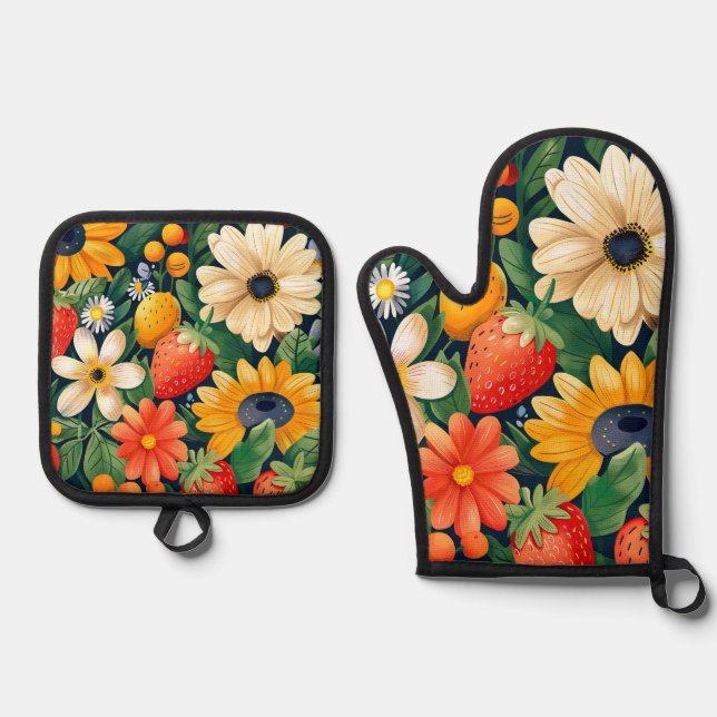 Summer Garden Flowers Strawberry Pattern Oven Mitt & Pot Holder Set (Front)