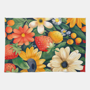 Summer Garden Flowers Strawberry Pattern Tea Towel