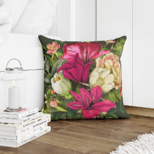 Summer garden magenta pink cream and green flowers cushion