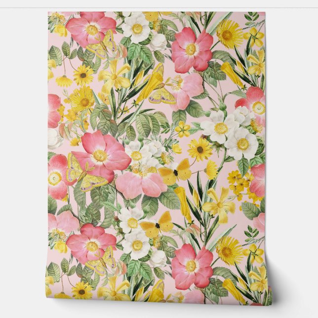 Summer Garden - Vintage Redouté Cottage Roses 1 Wallpaper (Unrolling)