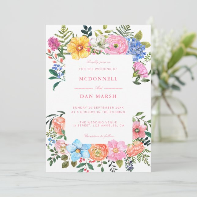 Summer Garden Watercolor Floral Wedding Invitation (Standing Front)
