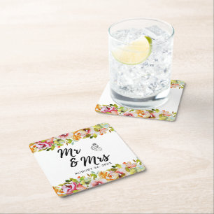 Summer Garden Watercolour Floral Wedding Square Paper Coaster