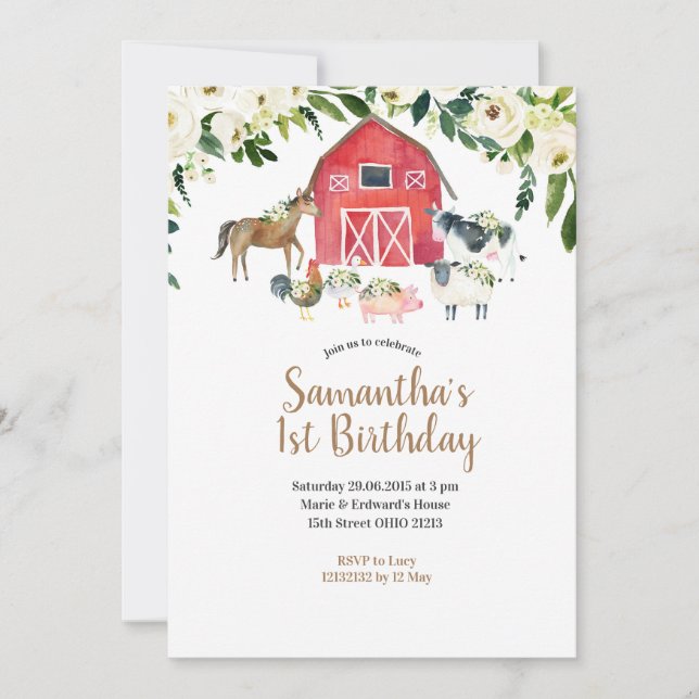 Summer Girl Floral Farm 1st Birthday Invitation (Front)