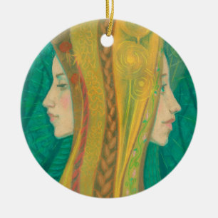 Summer, girls, fantasy art, forest, green & yellow ceramic tree decoration