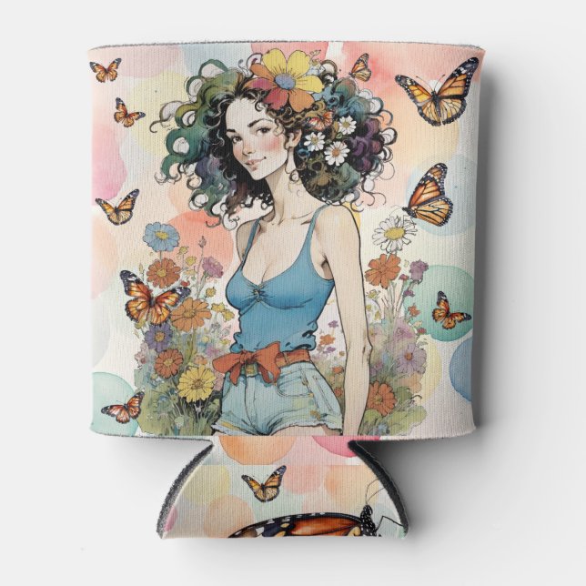 Summer Girls Pastels Floral with Butterflies Can Cooler (Front)