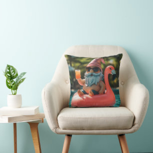 Summer Gnome in Sunglasses on Flamingo Float Cushion