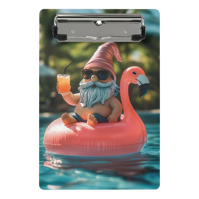 Summer Gnome in Sunglasses on Flamingo Float Mini Clipboard (Front)
