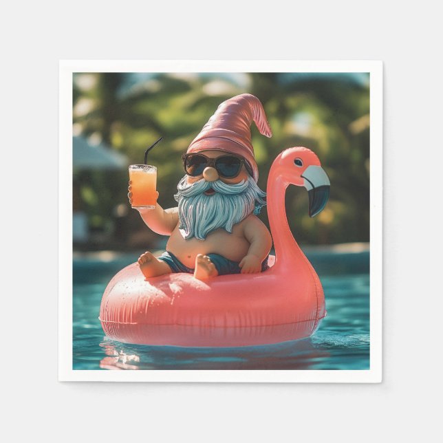 Summer Gnome in Sunglasses on Flamingo Float Napkin (Front)