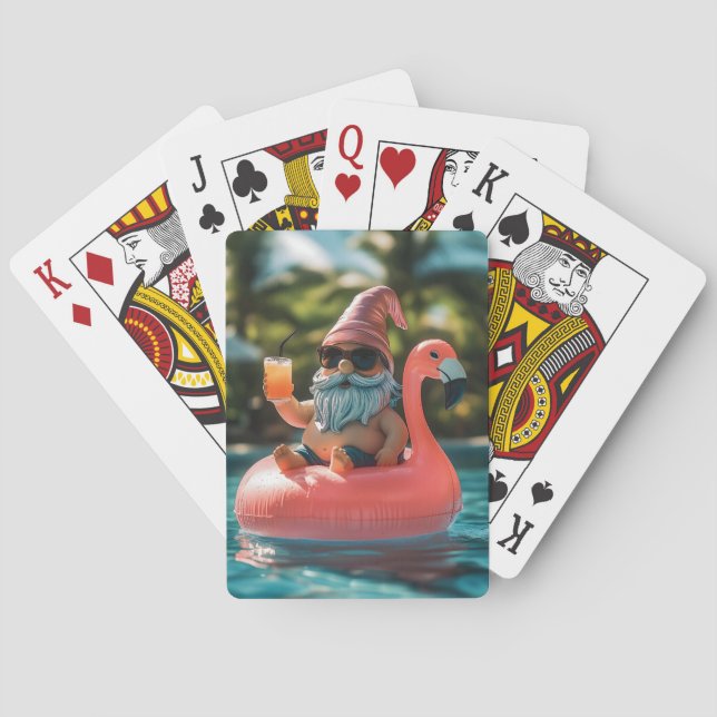 Summer Gnome in Sunglasses on Flamingo Float Playing Cards (Back)