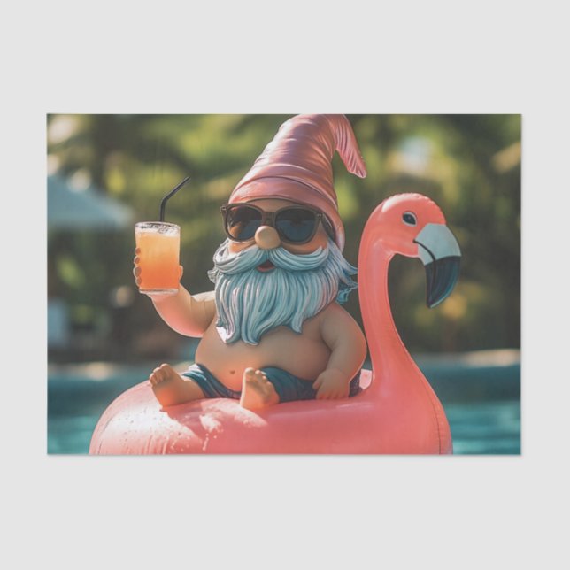 Summer Gnome in Sunglasses on Flamingo Float Tissue Paper (Front)
