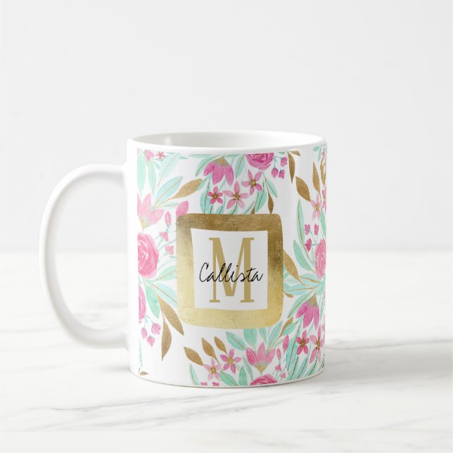 Summer Gold Pink Teal Watercolor Flowers Pattern Coffee Mug (Left)