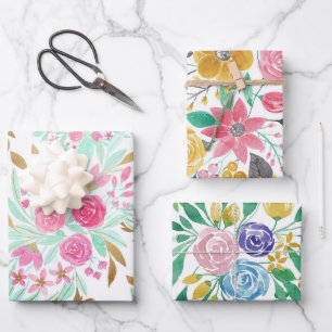 Summer Gold Pink Teal Watercolor Flowers Pattern Wrapping Paper Sheet