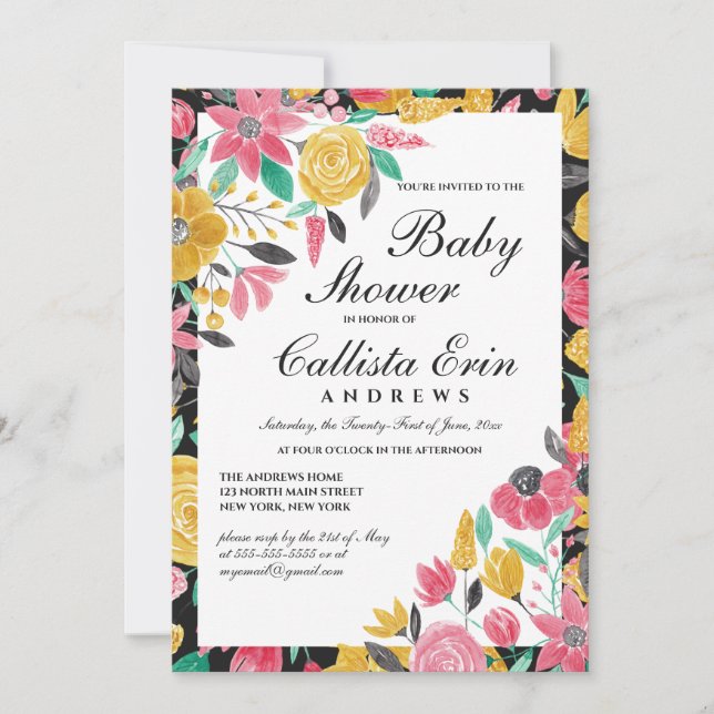 Summer Golden Pink Floral Watercolor Baby Shower Invitation (Front)