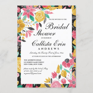 Summer Golden Pink Floral Watercolor Bridal Shower Invitation