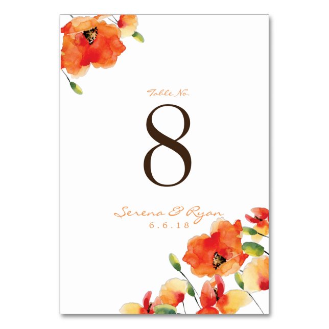Summer Golden Poppy Wedding Table Number (Front)