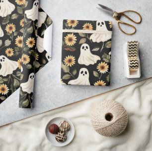Summer Goth Ghosts and Sunflowers Spooky Wrapping Paper