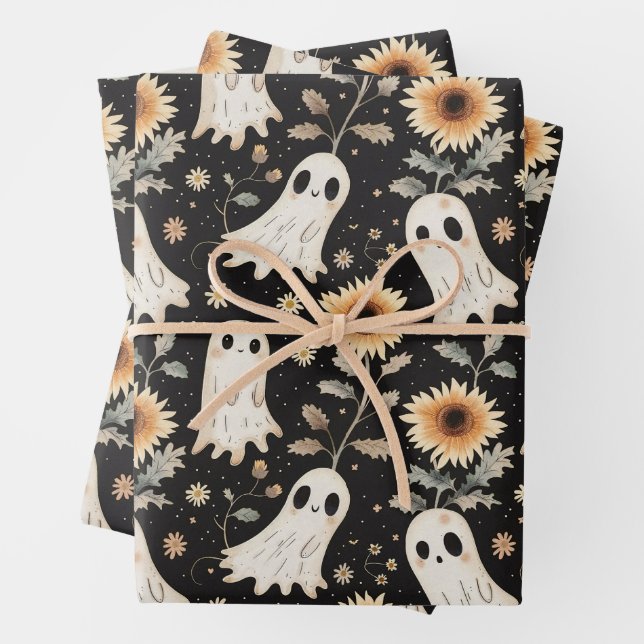 Summer Goth Ghosts and Sunflowers Spooky Wrapping Paper Sheet (In situ)