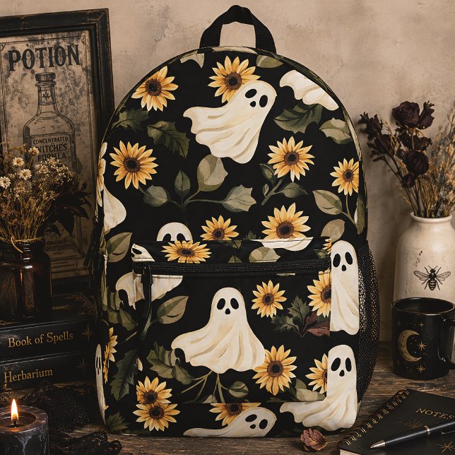 Summer Goth Ghosts & Sunflowers Spooky Printed Backpack (Creator Uploaded)