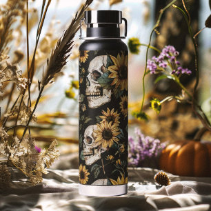 Summer Goth Skulls and Sunflowers Spooky Water Bottle
