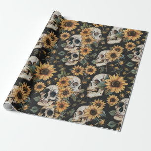 Summer Goth Skulls and Sunflowers Spooky Wrapping Paper