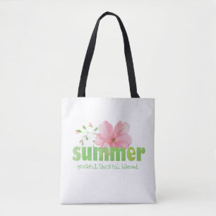 Summer Grateful Blessed Pink Flower Watercolor Tote Bag