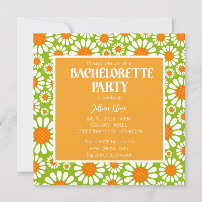 Summer Green and Orange Retro Daisy Bachelorette Invitation (Front)