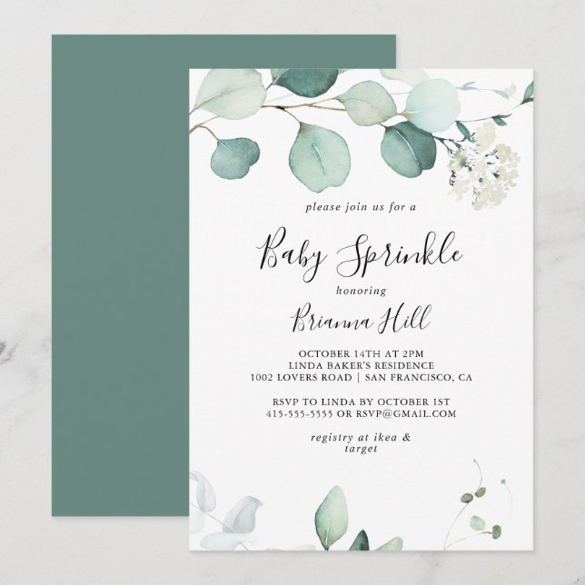 Summer Green Eucalyptus Foliage Baby Sprinkle Invitation (Front/Back)