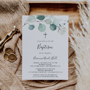 Summer Green Eucalyptus Foliage Baptism Invitation