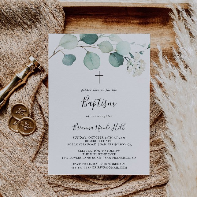 Summer Green Eucalyptus Foliage Baptism Invitation (Creator Uploaded)