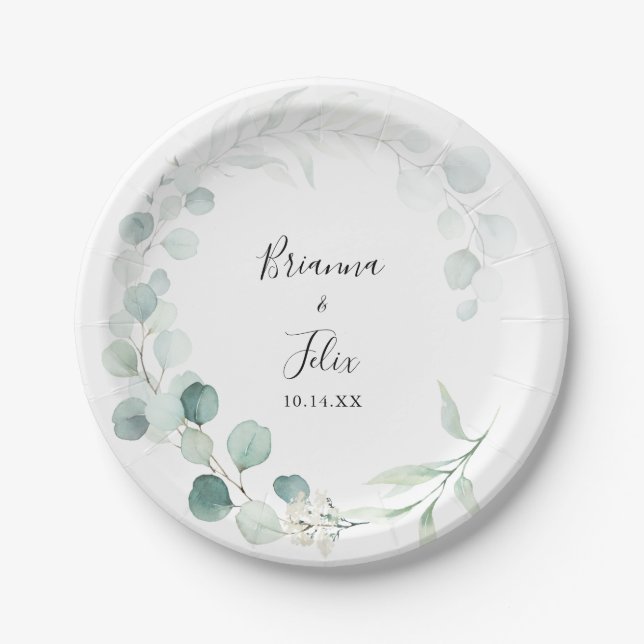 Summer Green Eucalyptus Foliage Wedding Cake Paper Plate (Front)