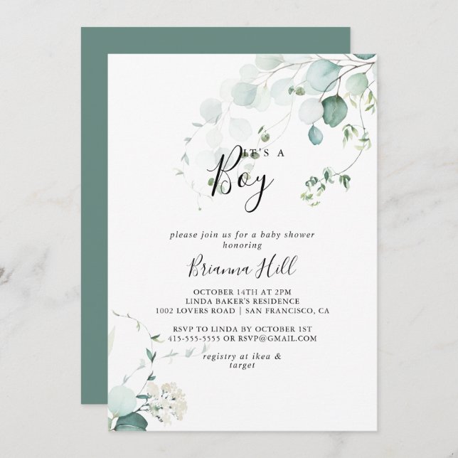 Summer Green Eucalyptus It's A Boy Baby Shower Invitation (Front/Back)
