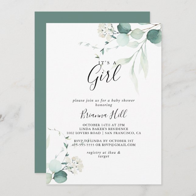Summer Green Eucalyptus It's A Girl Baby Shower Invitation (Front/Back)