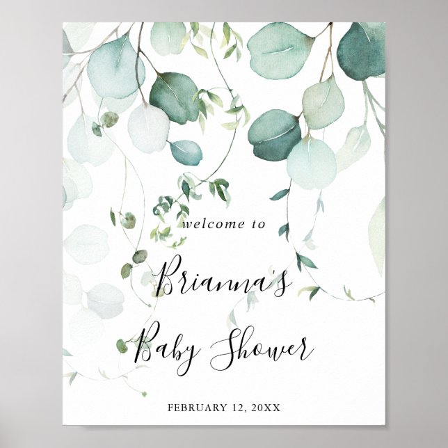 Summer Green Eucalyptus Leaf Baby Shower Welcome Poster (Front)