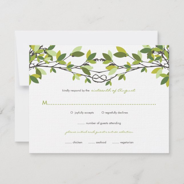 Summer Green Knotted Love Trees Wedding RSVP Card (Front)
